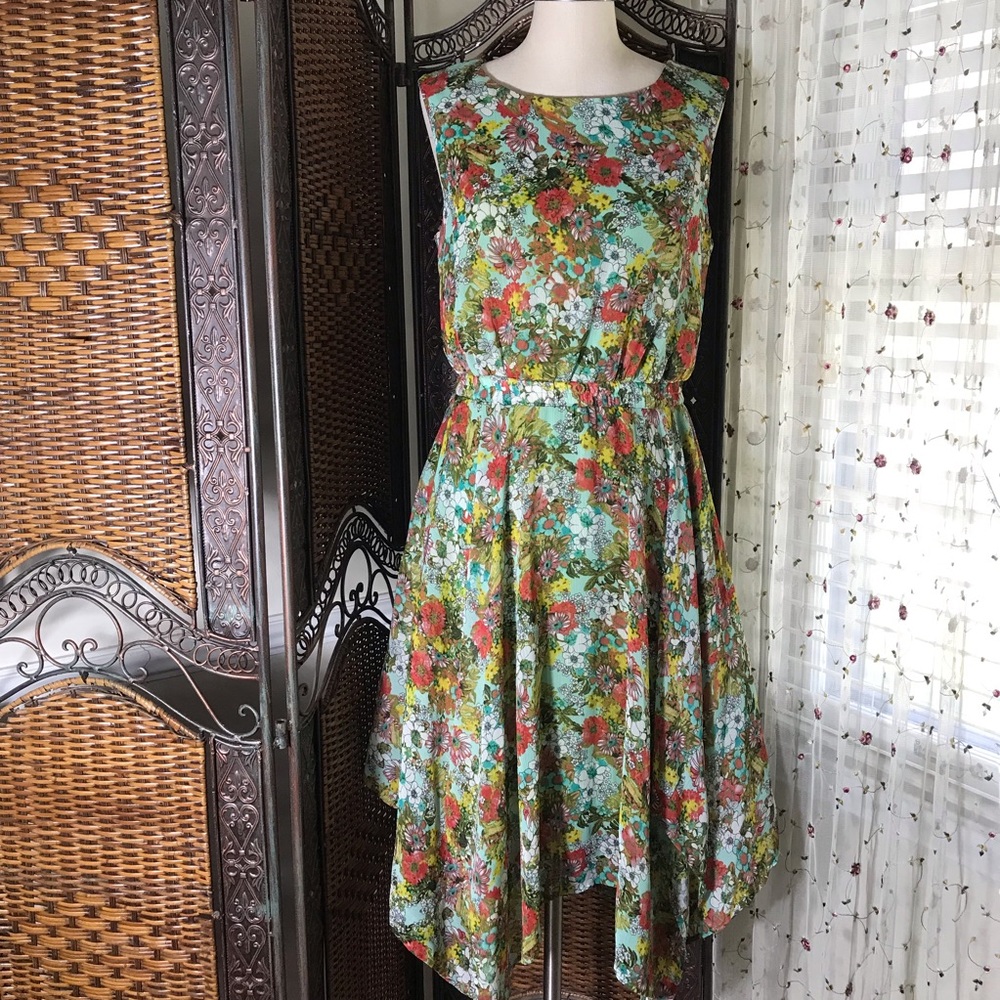 Soho Apparel Floral Dress in Aqua, Red and Green